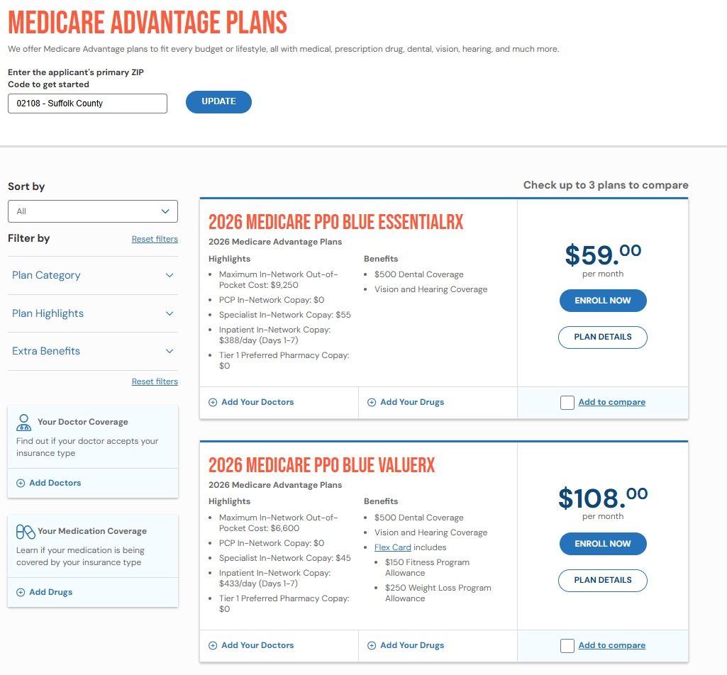 Blue Cross Blue Shield of Massachusetts plan listing with pricing, filters and comparison
