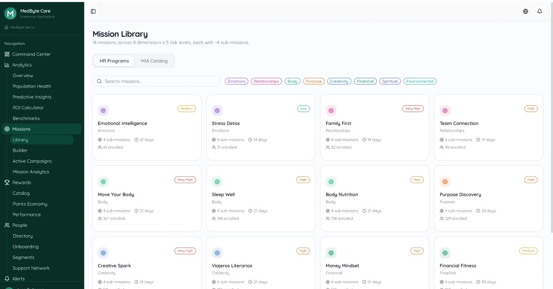 MedByte mission library showing wellbeing missions grouped by dimension