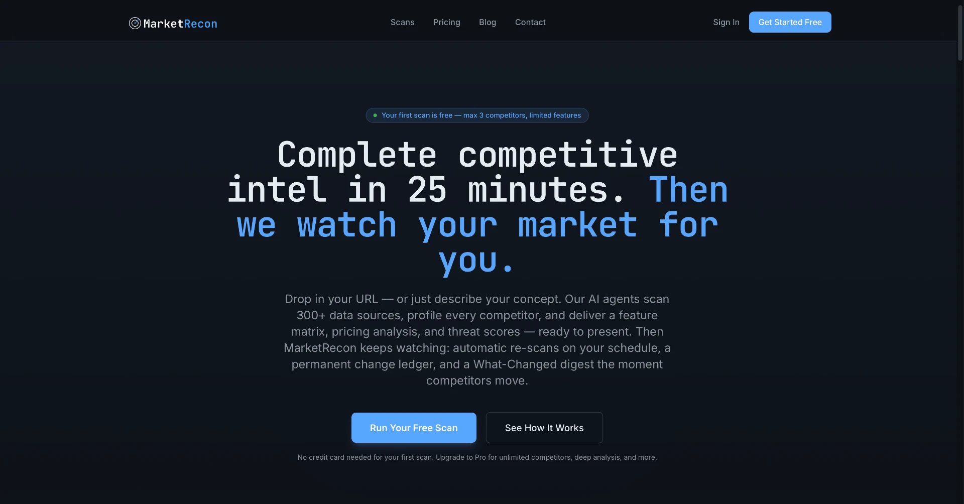 MarketRecon landing page describing competitive intelligence scans and monitoring