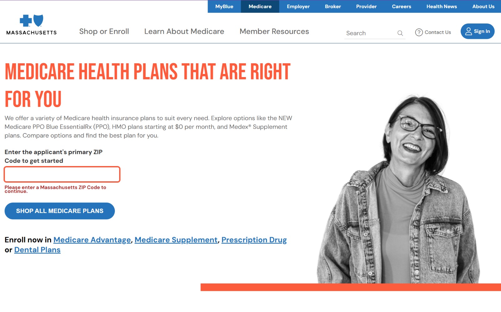 Blue Cross Blue Shield of Massachusetts Medicare marketplace entry page
