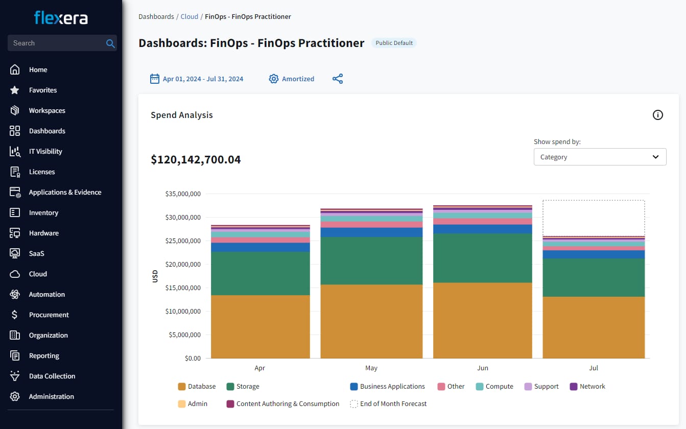 Flexera One FinOps practitioner dashboard showing cloud spend analysis by category over time